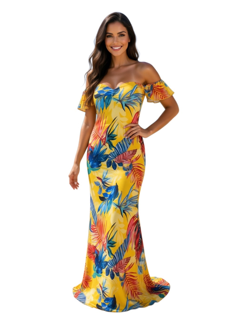 Off Shoulder Tropical Floral Maxi Dress Yellow Hawaiian Print Stretch Small New